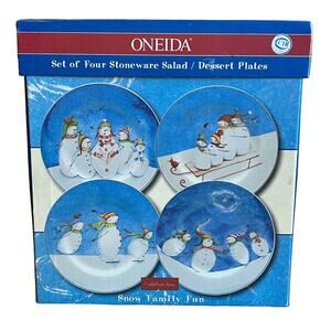 Oneida Christmas Plates SnowPals Stoneware 9” Salad Dessert Winter Snowman New